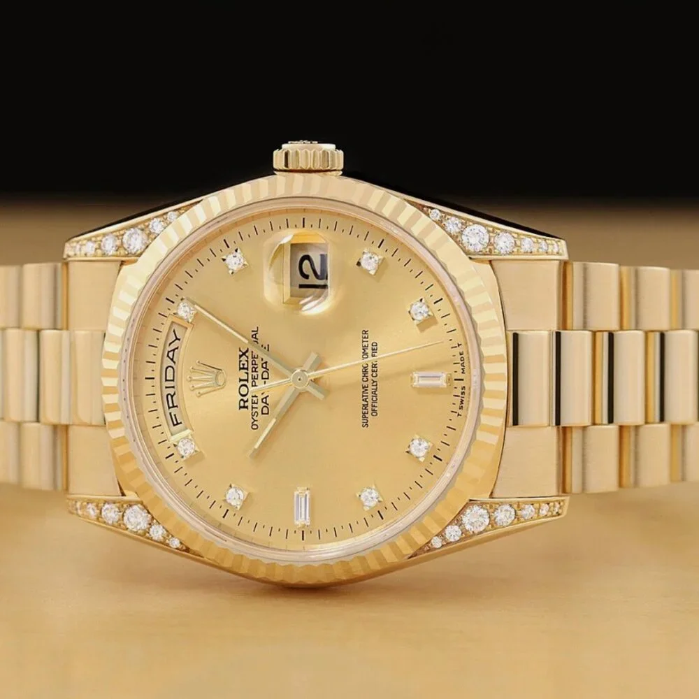 PAPER ROLEX MENS DAY-DATE FACTORY DIAMOND 18K YELLOW GOLD PRESIDENT WATCH